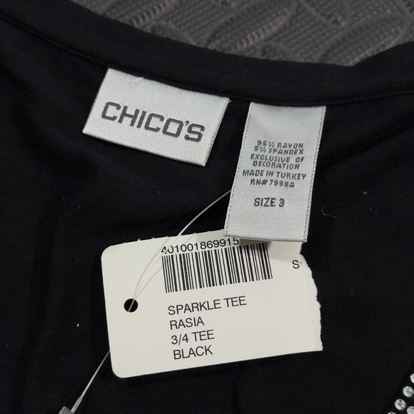 Chico's T-Shirt Top Women's XL Black 3/4 Sleeve Rhinestone Rasia Sparkle Stretch - Picture 4 of 6